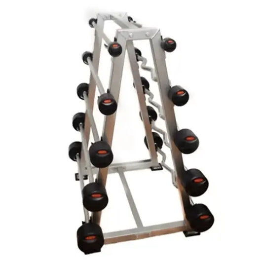 CAPITAL STRENGTH SET DE BARRAS (10) PLASTIFICADAS DE PESO FIJO CURVAS Y RECTAS DE 20 - 60 LBS CON RACK